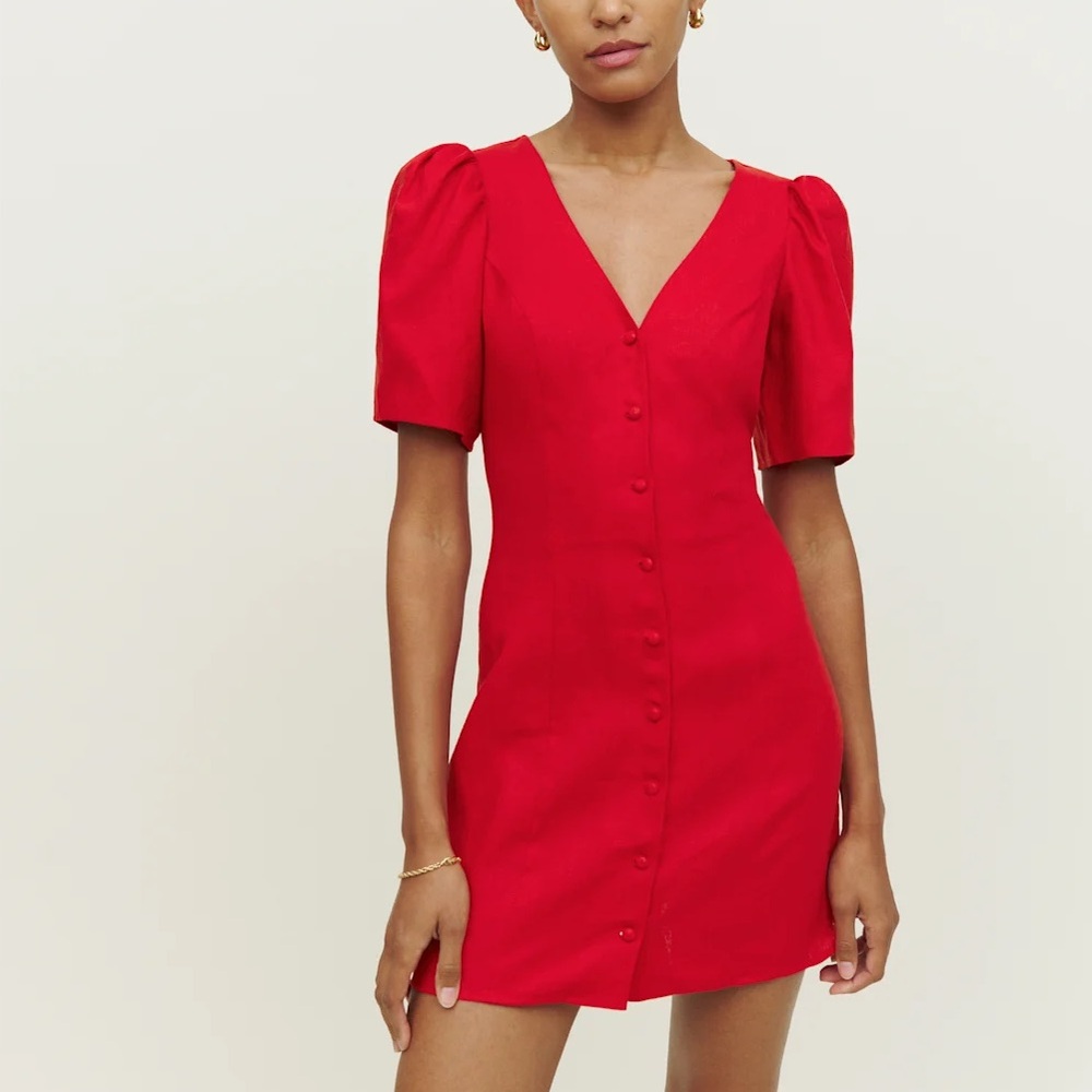 Reformation Red V-Neck Linen Joelle Mini Dress